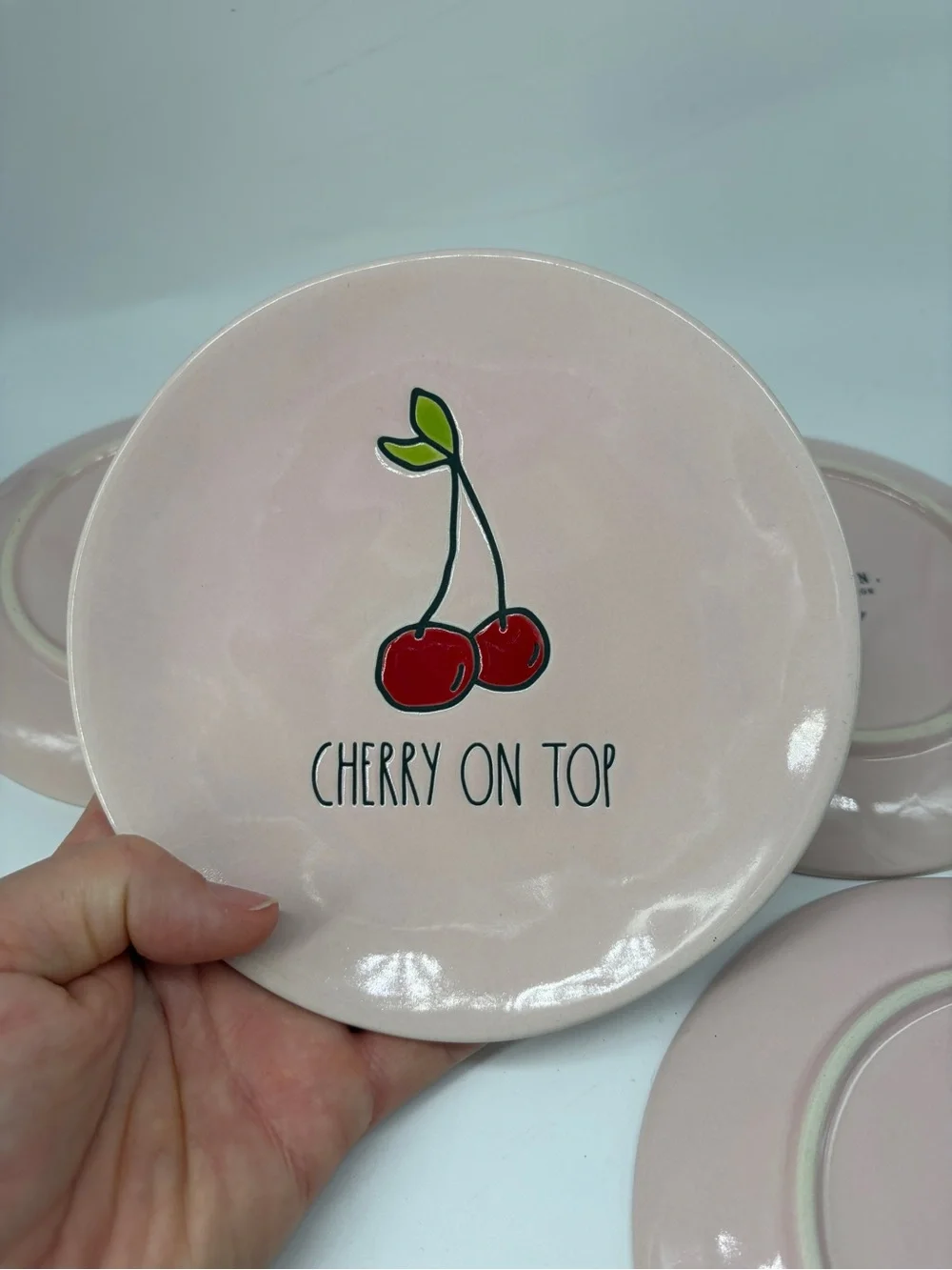 Rae Dunn Pink 'Cherry On Top' Dessert Plates - Red Cherry Design 6”